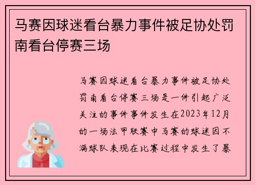 马赛因球迷看台暴力事件被足协处罚南看台停赛三场